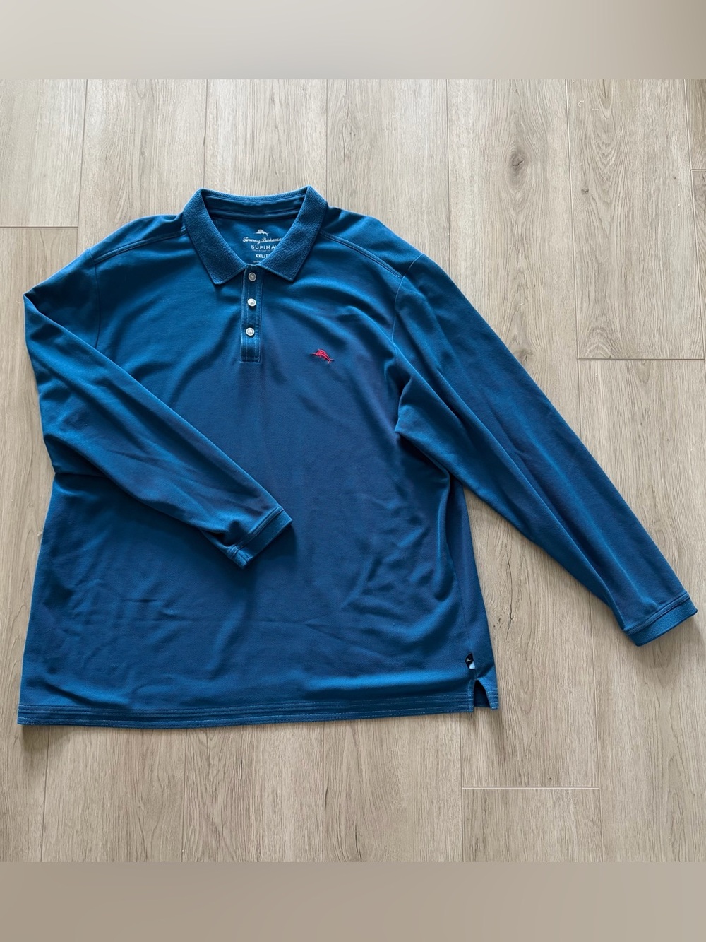 Tommy Bahama Men's Teal-Blue Long Sleeve Polo with Contrast Logo Supima Cotton